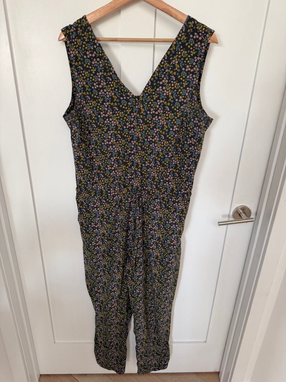 Toad&Co Black Floral V-Neck Sleeveless Jumpsuit with Pink and Yellow Ditsy Print